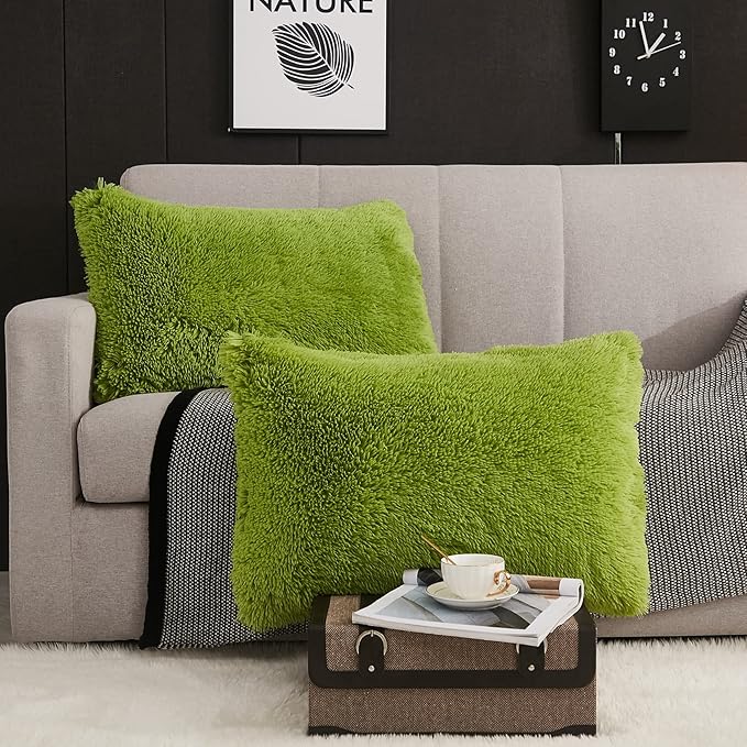 WERDIM Shaggy Fluffy Faux Fur Pillowcases 2 Pack Button Closure Velvet Pillow Shams Standard/Queen Size (Apple Green, 20 X 26 Inches)