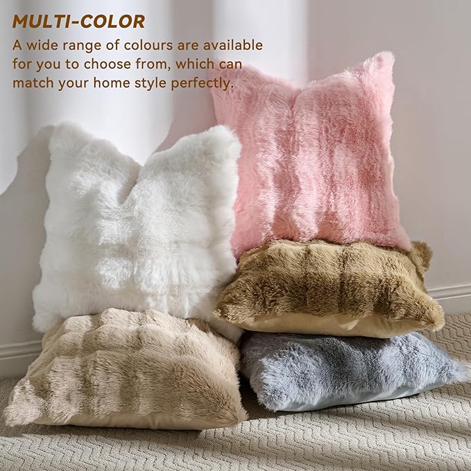 AmHoo Pack of 2 Throw Pillow Covers 3D Dense Faux Rabbit Fur Cozy Super Soft Fuzzy Set Case Cushion for Couch Sofa Bedroom 18 x 18-Inch Light Grey