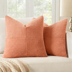 MIULEE Coral Red Corduroy Pillow Covers Pack of 2 Boho Decorative Spliced Throw Pillow Covers Soft Solid Couch Pillowcases Cross Patchwork Textured Cushion Covers for Living Room Bed Sofa 20x20 inch