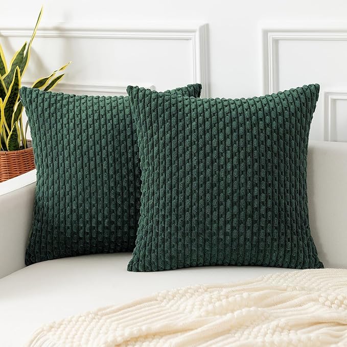 Kevin Textile Christmas Decorative Pillow Covers Set of 2 Striped Plush Corduroy Pillows Pillowcases Boho Home Decor Cushion Covers for Couch Sofa Bed Living Room 20x20 Inch, Army Green