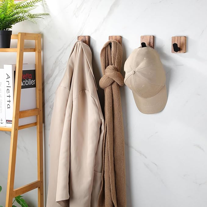 DELITON Rustic Style Hanging Hooks - Adhesive Wood Wall Hooks & Bathroom Decor Towel Hooks & Entrance Decorative Hook, Natural Carbonization