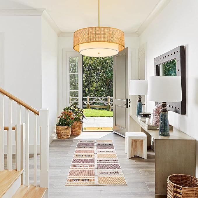 18'' Rattan Farmhouse Chandelier, 3-Lights Boho Large Pendant Light Fixture,Hand Woven Chandeliers for Dining Room with Fabric Shade, Hanging Rattan Drum Light Fixtures for Kitchen Hallway