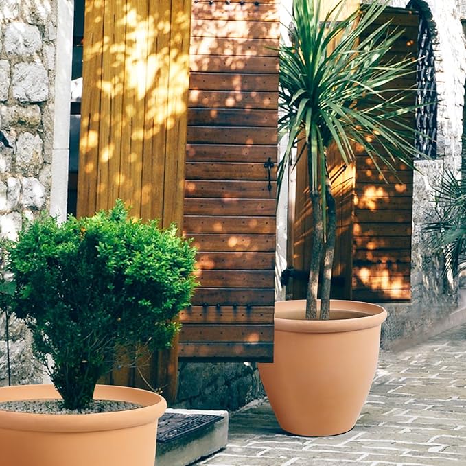 WORTH Garden 2-Pack 15" Dia. Round Planters - Large Terracotta Color Plastic Pots for Indoor & Outdoor Plants - Lightweight Decorative Flower Containers for Porch, Patio, Yard, or Deck
