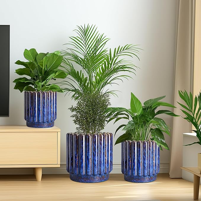 Ceramic Planter - 9.6 Inch Ceramic Plant Pots Indoor Outdoor, Round Flower Pots with Drainage Hole, Large Fluted Modern Planter, Room Home Bedroom Decor, Plant Lover Gifts, Blue
