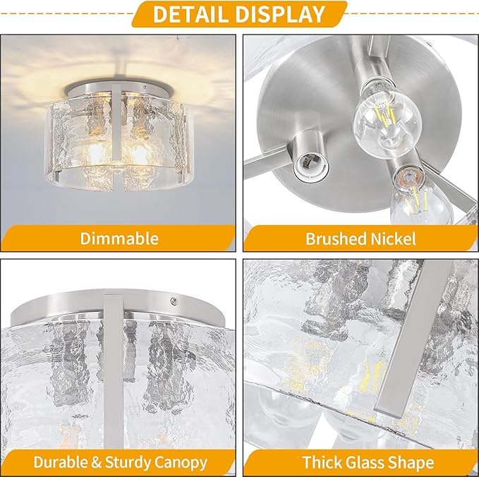 15'' Modern Brushed Nickel Semi Flush Mount Ceiling Light, Hallway Light Fixtures, 3-Light Glass Ceiling Lights for Entryway Kitchen Dining Room Foyer Bedroom Laundry Lighting Fixtures, UL-Listed