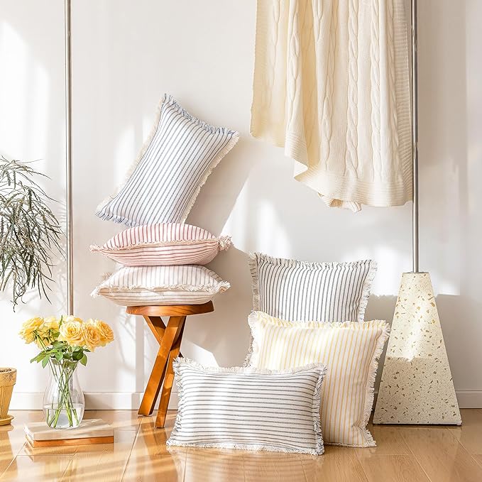 Throw Pillow Covers 16x16 Set of 2 Striped Fringe Pillow Cover Farmhouse Cushion Covers with Tassel Neutral Boho Pillows Decorative Square Pillowcase for Couch Sofa Bed, Khaki