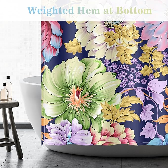 Aimego Long Floral Shower Curtain - Boho Spring Colorful Bright Blossom Bohemian Flowers Fabric Cloth Bath Shower Curtain Set with 12 Hooks Bathroom Decor Bathtub Curtain, 72"x78"