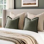 EMEMA Linen Fringe Throw Pillow Covers Set of 2 Boho Farmhouse Accent Decorative Pillowcase with Tassels for Couch Sofa Bed Living Room Home Decor 20x20 Inch,Light Olive Green
