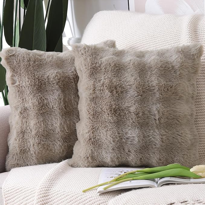 MADIZZ Pack of 2 Thick Plush Wool Throw Pillow Covers 18x18 Inch Taupe Soft Neutral Decorative Throw Pillows Accent Boho Cushion Covers for Couch Sofa Bedroom Pillow Shell