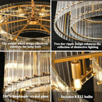 37" Modern Gold Round Chandelier,2-Tier 8-Light Water Ripple Crystal Glass Chandeliers,for Dining Room,Living Room,Bedroom,High Ceiling,Foyer Entryway,Luxury Chandelier