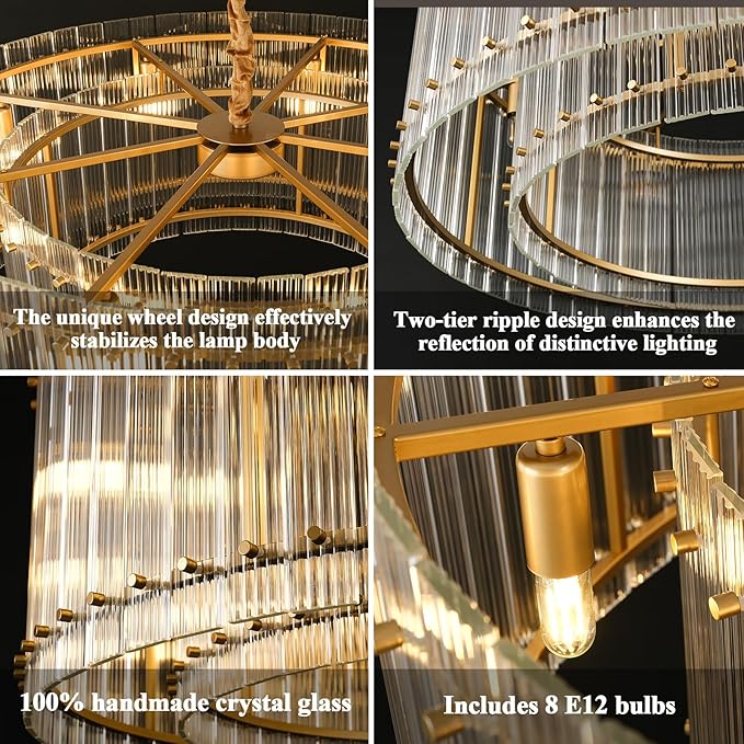 37" Modern Gold Round Chandelier,2-Tier 8-Light Water Ripple Crystal Glass Chandeliers,for Dining Room,Living Room,Bedroom,High Ceiling,Foyer Entryway,Luxury Chandelier