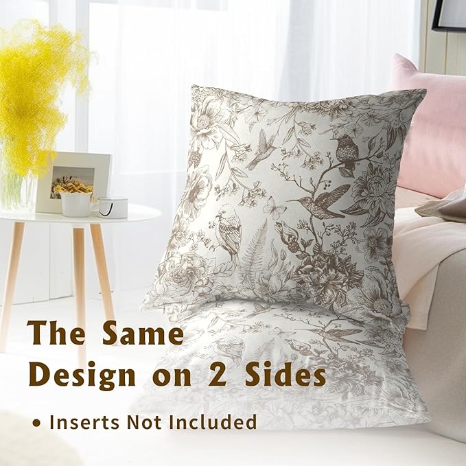 Vintage Floral Throw Pillow Covers 22x22 Inch, Set of 2 Brown Cream Chinoiserie Flowers Square Pillowcases Cushion Cover for Outdoor Indoor Room Couch Bed Sofa Car Decoration