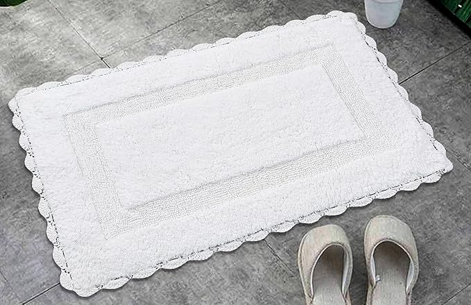 Savi Home Cotton Crochet Bathmat with Antiskid 21x34 White, 100% Pure Cotton, Super Soft White, Plush & Absorbent, Hand Tufted Heavy Weight Construction, Full Reversible Step Out Rugs