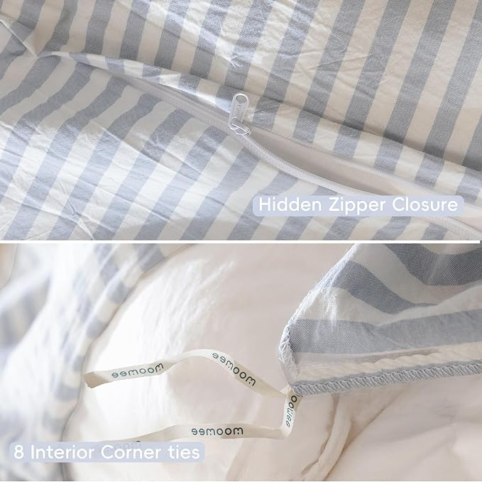 MooMee Striped Duvet Cover Set 100% Washed Cotton Linen Like Textured Breathable Durable Soft Comfy (Cornflower Blue White Classic Stripes, Oversized King Plus 128"x120")
