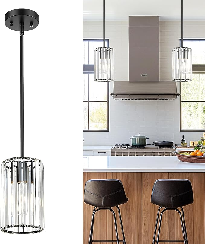 Crystal Pendant Light, Mini Chandelier with Matte Black Finish, Modern Hanging Light Fixture for Kitchen Dining Room Bedroom, CKPL5510-1P-BK