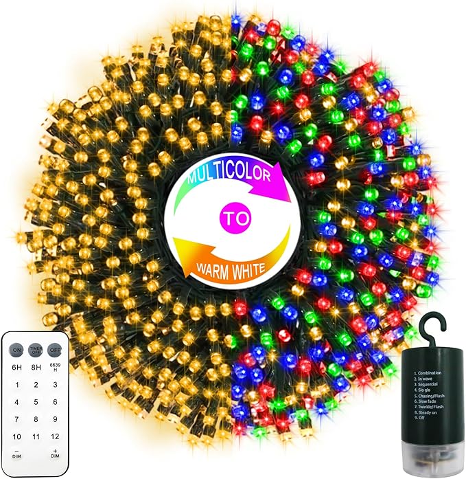 65.6Ft 200LED Battery Operated Christmas String Lights, 12 Lighting Modes Warm White & Multicolor Fairy Lights with Remode Timer, Green Wire Twinkle Light for Wreath Indoor Outdoor Party Wedding