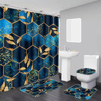 4 Pcs Bathroom Shower Curtain Set, Includes Bath Mat,U Shape Mat and Toilet Lid Cover, 12 Hooks, Black & Blue Honeycomb Marble with Gold Leaves Design, 70.8x70.8 Inches, Waterproof Fabric.