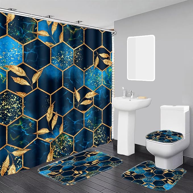 4 Pcs Bathroom Shower Curtain Set, Includes Bath Mat,U Shape Mat and Toilet Lid Cover, 12 Hooks, Black & Blue Honeycomb Marble with Gold Leaves Design, 70.8x70.8 Inches, Waterproof Fabric.