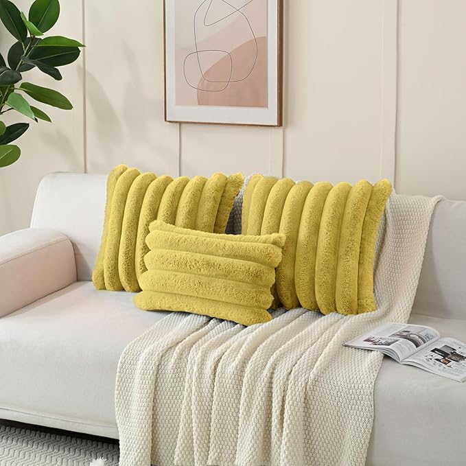 FUTEI Mustard Yellow Decorative Throw Pillow Covers 26x26 Inch Set of 2, Square Soft Faux Rabbit Fur Big Striped Pillow Sham,Home Decor for Couch Sofa Bed Living Room