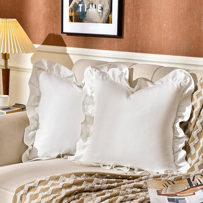 AmHoo Pack of 2 Throw Pillow Covers 100% Cotton Pre Washed Ruffle Decorative Pillowcase Cushion for Couch Sofa Bedroom 20 x 20-Inch Cream White