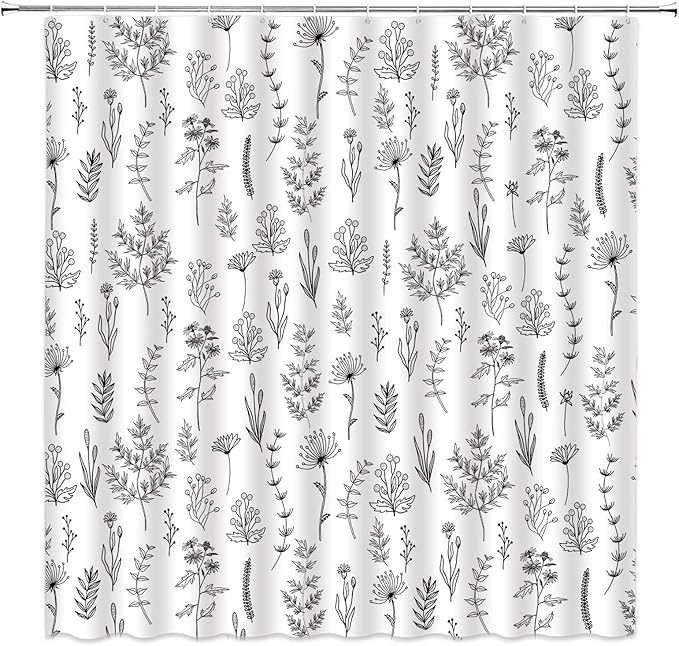 Black White Botanical Shower Curtain Boho Floral Farmhouse Neutral Cute Leaves Plant Retro Flowers Bathroom Curtain Set with Hooks(59" Wx70 H)