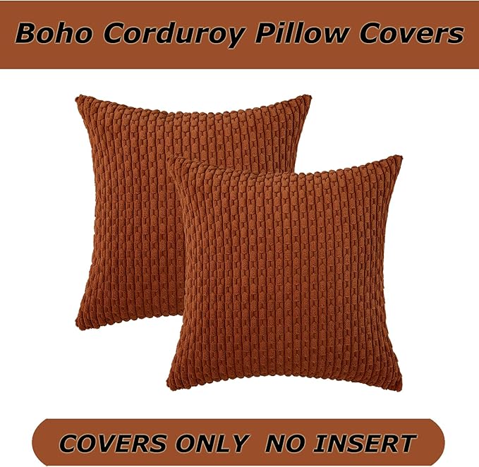 Kevin Textile Fall Throw Pillow Covers Soft Corduroy Decorative Set of 2 Boho Striped Pillow Covers Pillowcases Farmhouse Home Decor for Couch Bed Sofa Living Room 26x26 Inch Rust Brown