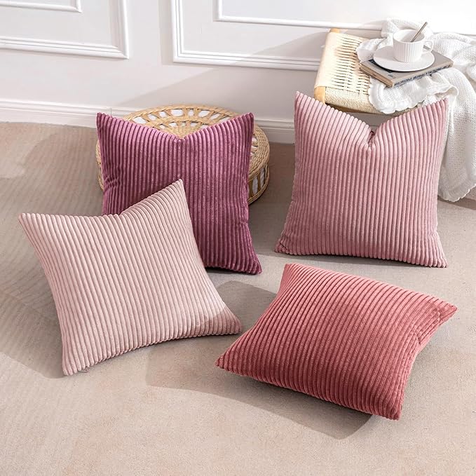 MIULEE Pack of 4 Purple Pink Corduroy Decorative Throw Pillow Covers 18x18 Inch Soft Boho Striped Pillow Covers Modern Farmhouse Home Decor for Winter Sofa Living Room Couch Bed