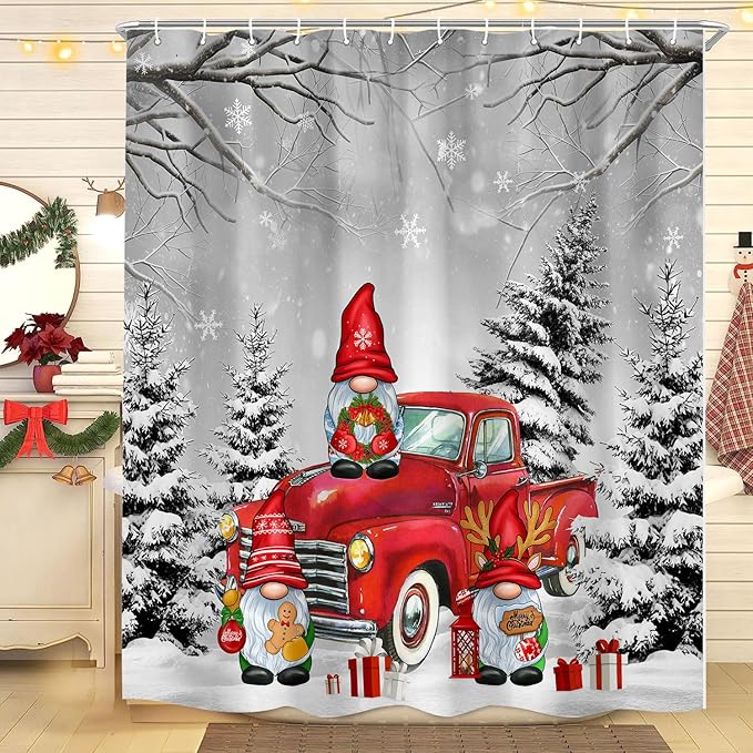 Farmhouse Christmas Shower Curtain, Farm Red Xmas Truck Christmas Tree Cute Gnome Winter Forest Shower Curtains Set, Holiday Bathroom Decor Fabric Machine Washable with Hooks, 72 x 72 Inches