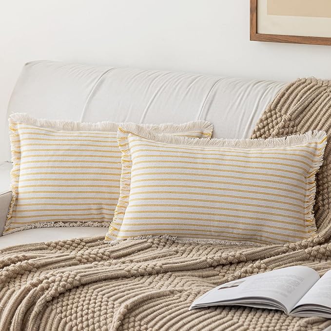 Throw Pillow Covers 12x20 Set of 2 Striped Fringe Pillow Cover Farmhouse Cushion Covers with Tassel Neutral Boho Pillows Decorative Square Pillowcase for Couch Sofa Bed, Yellow