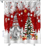 Vandarllin Christmas Gnome Shower Curtain, Winter Merry Christmas Tree Balls Shower Curtains Set with Hooks, Red Waterproof Fabric Bathroom Curtains Decor Home Accessories, Stall Long 36 X 78 Inch