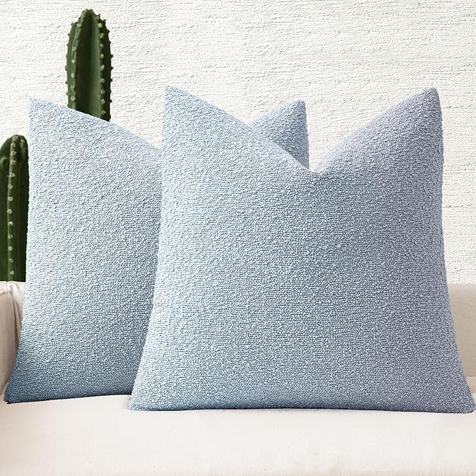 MIULEE 24x24 Decorative Euro Sham Throw Pillows for Bed Set of 2 Textured Boucle Neutral Winter Throw Pillow Covers Light Blue Accent Solid Couch Pillowcases Sofa Livingroom Home Decor