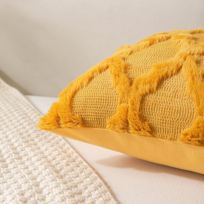 Set of 2 Soft Moroccan Throw Pillow Covers 12x20 Inch Plush Boho Decorative Pillow Cover Accent Cushion Case for Couch Sofa Bed, Mustard Yellow