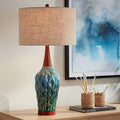 360 Lighting Rocco Mid Century Modern Table Lamp 30" Tall Ceramic Blue Teal Glaze Wood Handmade Linen Drum Shade Decor for Living Room Bedroom House Bedside Home Entryway (Colors May Vary)