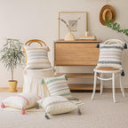 Boho Throw Pillow Covers 20x20 Set of 2 Woven Tufted Farmhouse Pillows Cover with Tassels Textured Striped Cushion Case Neutral Pillow Cases Decorative Pillowcase for Sofa, Couch, Bed, Dark Blue