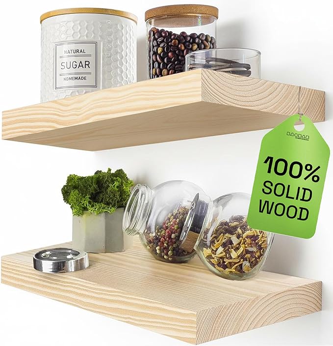 BAOBAB WORKSHOP Solid Wood Floating Shelves for Wall 12 Inch Wide, Small Wooden Shelf Bathroom, Light Oak Floating Shelves for Room Wall Mounted Kitchen Farmhouse, Natural Wood, 12W × 6.7D, Set of 2
