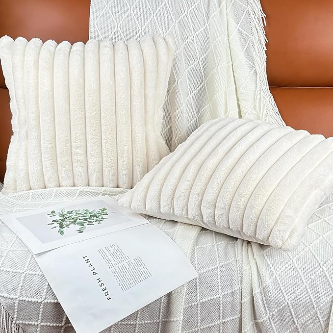 24x24 Pillow Covers, Decorative Faux Fur Throw Pillow Covers for Couch, Sofa Soft Fluffy Pillow Cover with Velvet Back for Living Room, Neutral Home Décor Accent for Bed - Cream White