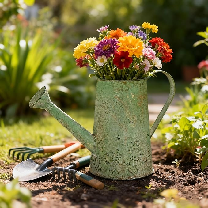 Vintage Metal Watering Can with Handle Rustic Farmhouse Watering Can Flower Pot Distressed Decorative Planter Retro Gardening Flower Bucket for Home Indoor Outdoor Garden Balcony Courtyard(Green#2)