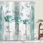 Rusitc Farmhouse Floral Shower Curtain, Farm Teal Country Daisy Flower Dragonfly and Faith Hope Love Inspirational Words Shower Curtain Set, Turquoise Balck White Bathroom Accessories Hooks, 36X70IN