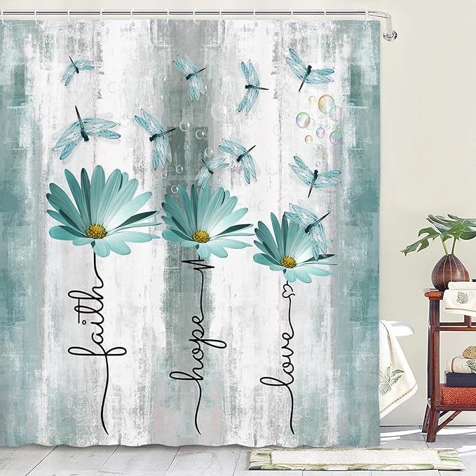 Rusitc Farmhouse Floral Shower Curtain, Farm Teal Country Daisy Flower Dragonfly and Faith Hope Love Inspirational Words Shower Curtain Set, Turquoise Balck White Bathroom Accessories Hooks, 36X70IN