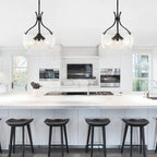 15.7" Large Glass Chandelier, 3-Light Industrial Farmhouse Chandelier, Black Round Pendant Light Fixture with Glass Shade for Dining Room Kitchen Sink Hallway Entryway