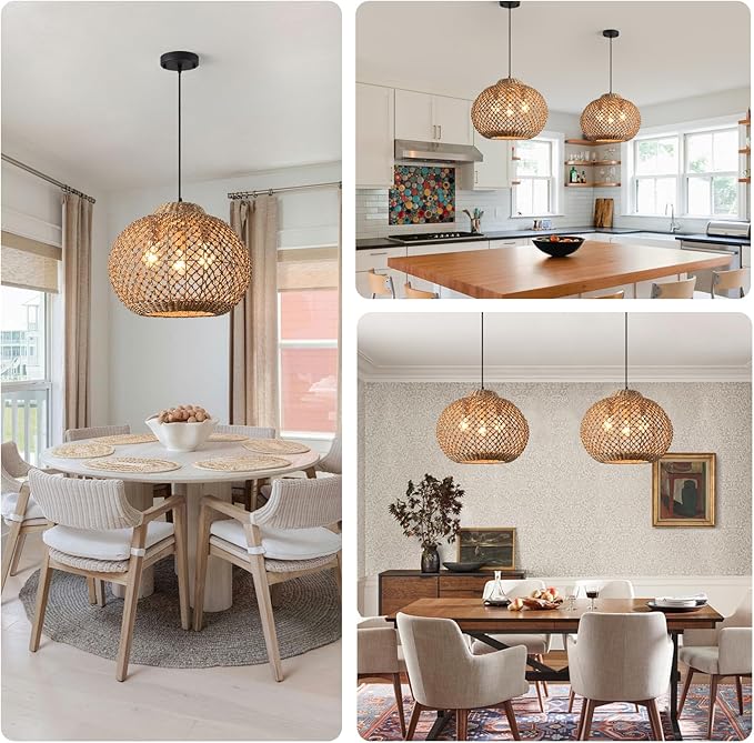 16.94" Rattan Pendant Light,Boho Wicker Chandelier Woven Water Plants, of Kitchen Island Farmhouse Dining Room,Entryway Foyer