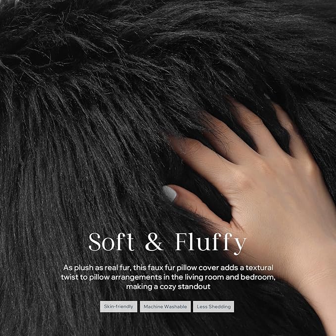 Phantoscope Pack of 2 Faux Fur Solid Throw Decorative Pillow Cover Cushion Covers Luxury Soft Decorative Pillowcase Fuzzy Pillow Covers for Bed/Couch,Black 24 x 24 Inches