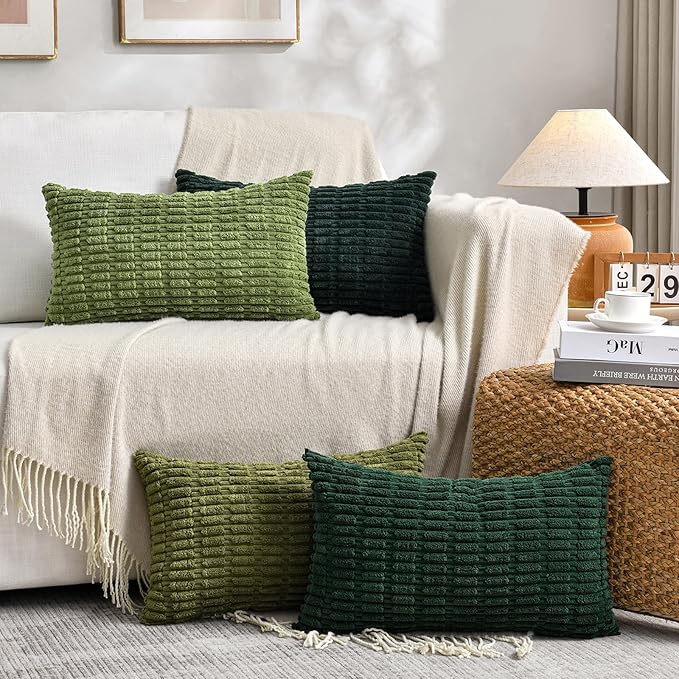 Fancy Homi 1 Pack Boho Moss Green Decorative Throw Pillow Covers 12x20 Inch for Couch Bed Sofa, Rustic Modern Farmhouse Home Decor, Soft Plush Corduroy Cute Rectangle Cushion Case 30x50 cm