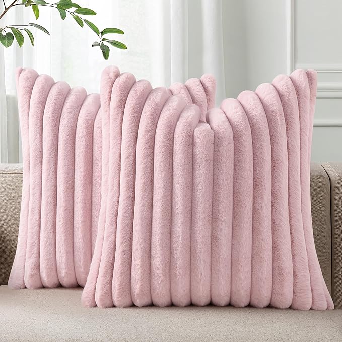 Pallene Faux Fur Plush Throw Pillow Covers 26x26 Set of 2, Luxury Soft Fluffy Striped Decorative Pillow Covers for Sofa, Couch, Living Room, Blush Pink