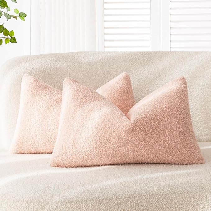 Foindtower Pack of 2, Curly Faux Fur Lumbar Decorative Throw Pillow Covers Soft Fuzzy Plush Cushion Case Cozy Pillowcase for Living Room Couch Bed Sofa Home Decor 12 x 20 Inch, Light Pink