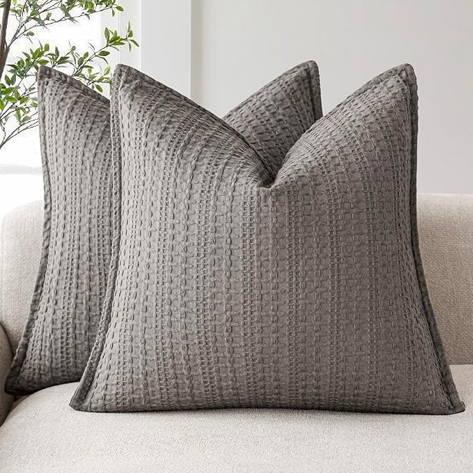 Foindtower Set of 2 Decorative Cotton Waffle Weave Throw Pillow Covers Euro Shams Cushion Covers Accent European Pillowcase for Bed Couch Sofa Bedroom Living Room Home Decor 24×24 Inch Taupe Gray