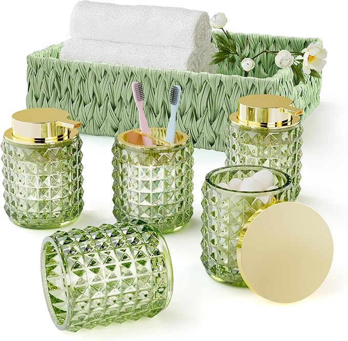 Bathroom Accessory Set with Plastic Wicker Basket,Glass Bathroom Accessories Set Green Bathroom Sets Bathroom Set, Diamond Soap Dispenser and Toothbrush Holder Set for Bathroom Decor