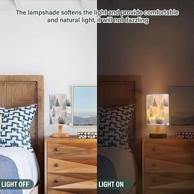 Table Lamp Watercolor Winter Forest Tree Animal Mountain Bear Deer Owl Nightstand Lamp with Wood Base Fabric Lamp Shade Bedside Desk Lamp for Living Room Bedroom Kids Room Office