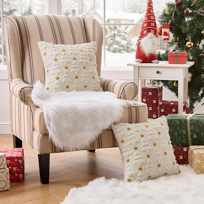 MIULEE Christmas Pillow Covers 18x18 Inch Set of 2, Cream White Christmas Tree Plush Faux Fur Pillowcases Soft Decorative Throw Pillow Cases for Couch, Sofa Living Room Winter Xmas Holiday Home Decor