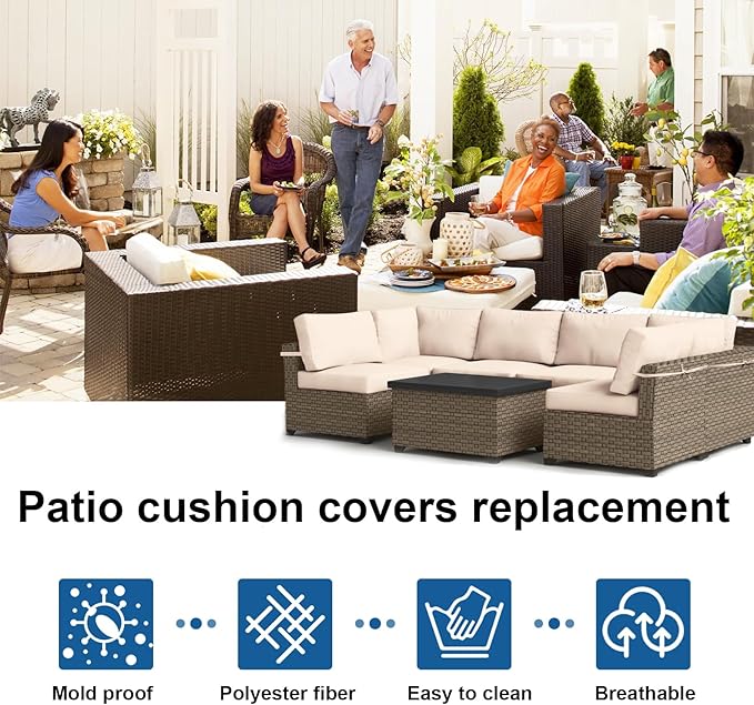 14 PCs Patio Cushion Covers for 7 PCs Outdoor Furniture Sectional Seating Sets Water Resistant Plus 2 Throw Pillows (Khaki, 23.6(L)*23.6(W)*4.33(T) inches)